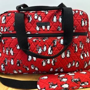 Vera Bradley Quilted Red  Playful Penguins Medium Travel Duffle Bag w/Strap
